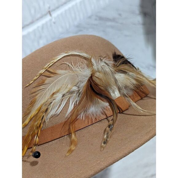 Lancaster Women's Tan 100% Wool With Feather Trim Fedora Hat - Picture 2 of 6